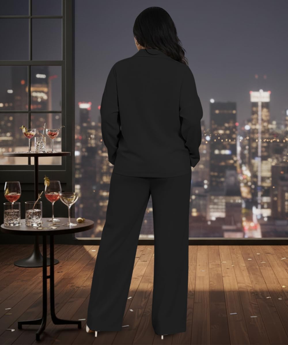 knowfashionstyle Womens Suits 2 Piece Casual Pants Sets Long Sleeve Blazer and Wide Leg Pant Outfits Work Suit with Pocket - Image 6