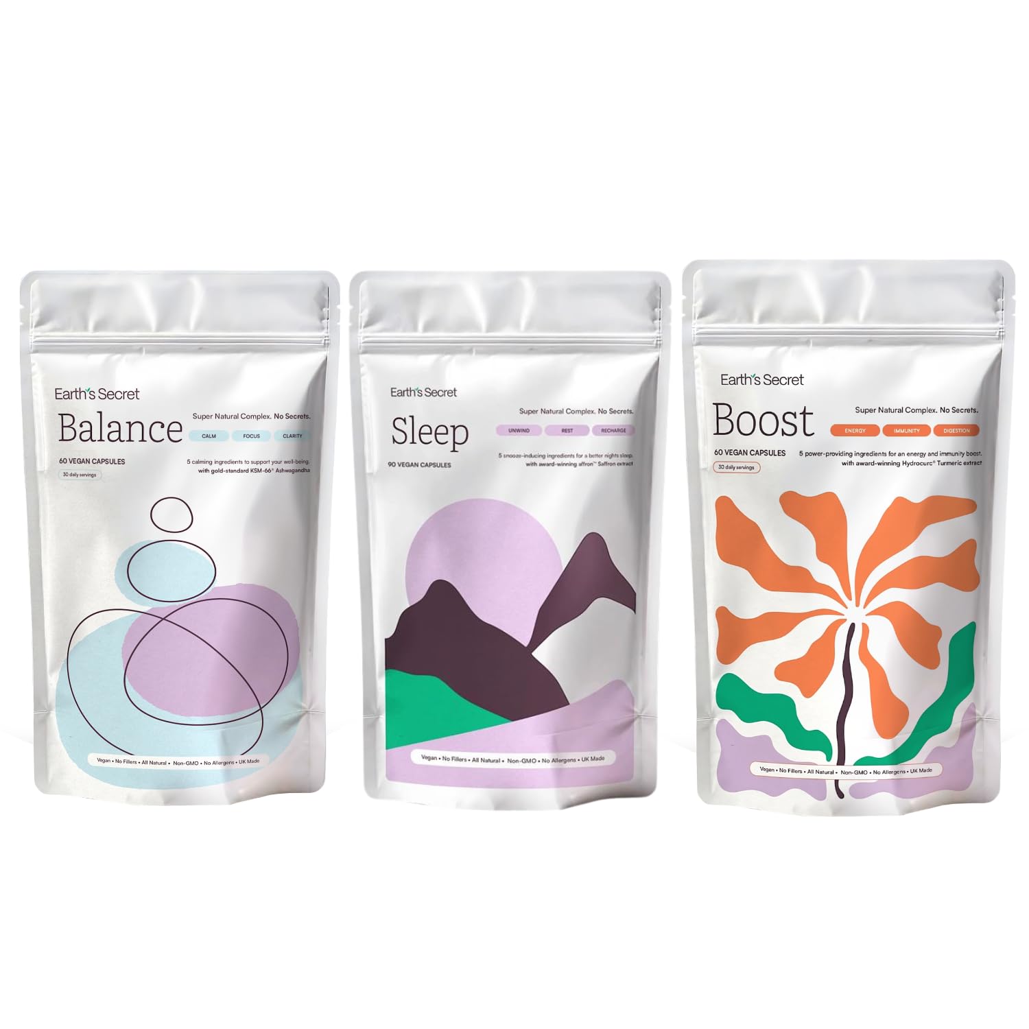 Earth's Secret Ultimate Wellness Kit - Containing Calm, Thrive, and Sleep Complexes - Helps to Improve Performance, Boost Immunity, Encourage Calmness, and Rejuvenate Sleep - Pack of 3