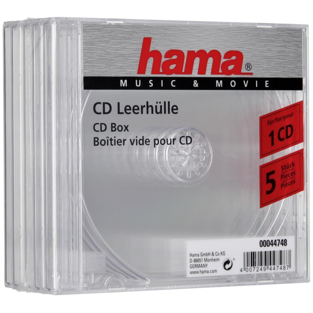 Hama | 00044748 - Caja para Guardar 1 CD, Pack de 5 Unidades, Resistentes, Color Transparente
