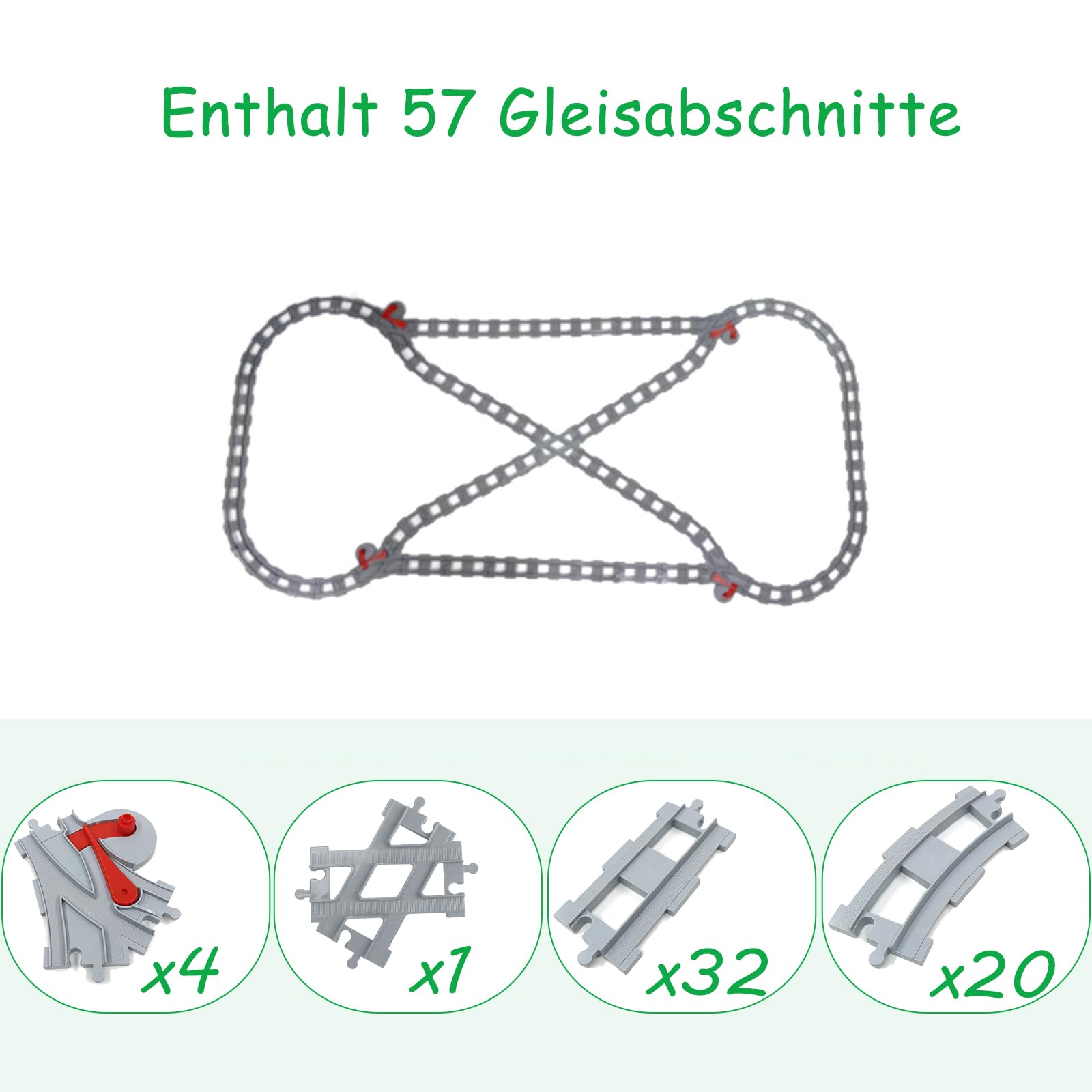 Cabeeskii Treno binari ferroviari giocattolo, Set di binari per costruzioni composto da binari incrociati diritti e curvi, compatibile con il leader di mercato da 2 anni (57PCS)