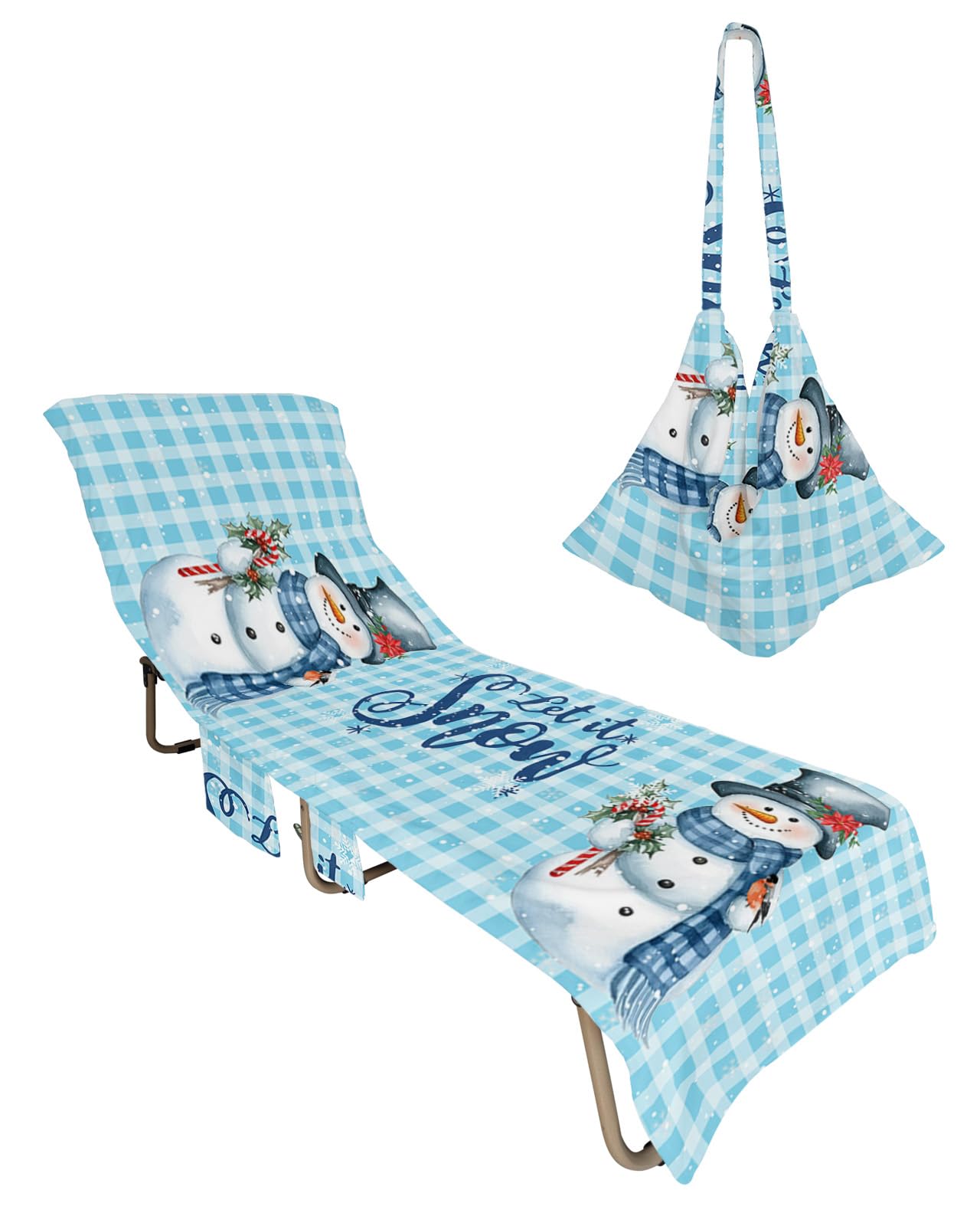 Merry Christmas, Beach Lounge Chair Towel Cover, Soft Chaise Lounge Towel with Side Pockets Patio Pool Chairs Cover for Beach/Pool Sunbathing 29x85 Blue Winter Snowman Red Flower Bird Plaid