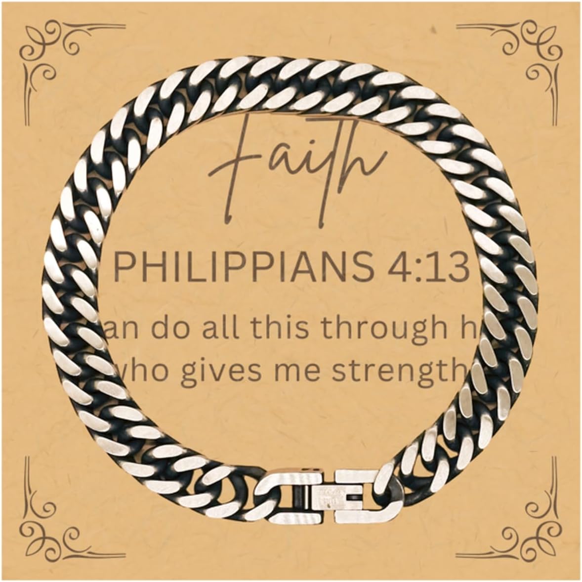 PARN'S Gifts For Christian Bible Verse - Philippians 4:13 - Cuban Link Bracelet Faith Gifts For Son Dad Brother Nephew Boyfriend Husband, Religious Jewelry Bracelet Message Card Box