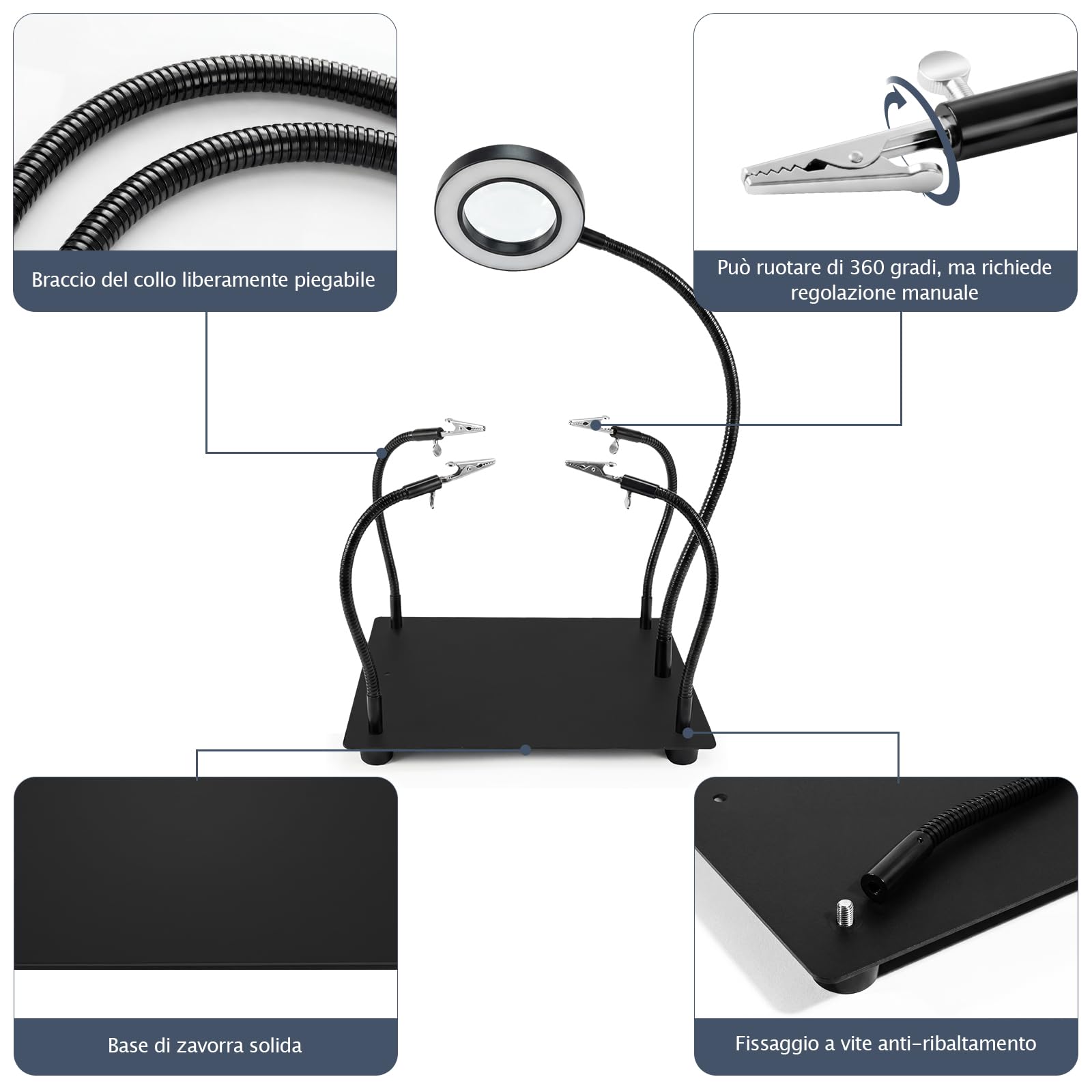 Terza Mano per Saldatura 6X Lente d‘Ingrandimento LED 4 Bracci Flessibili Portal circuiti Stazione Saldante per Elettronica Gioielleria Hobby
