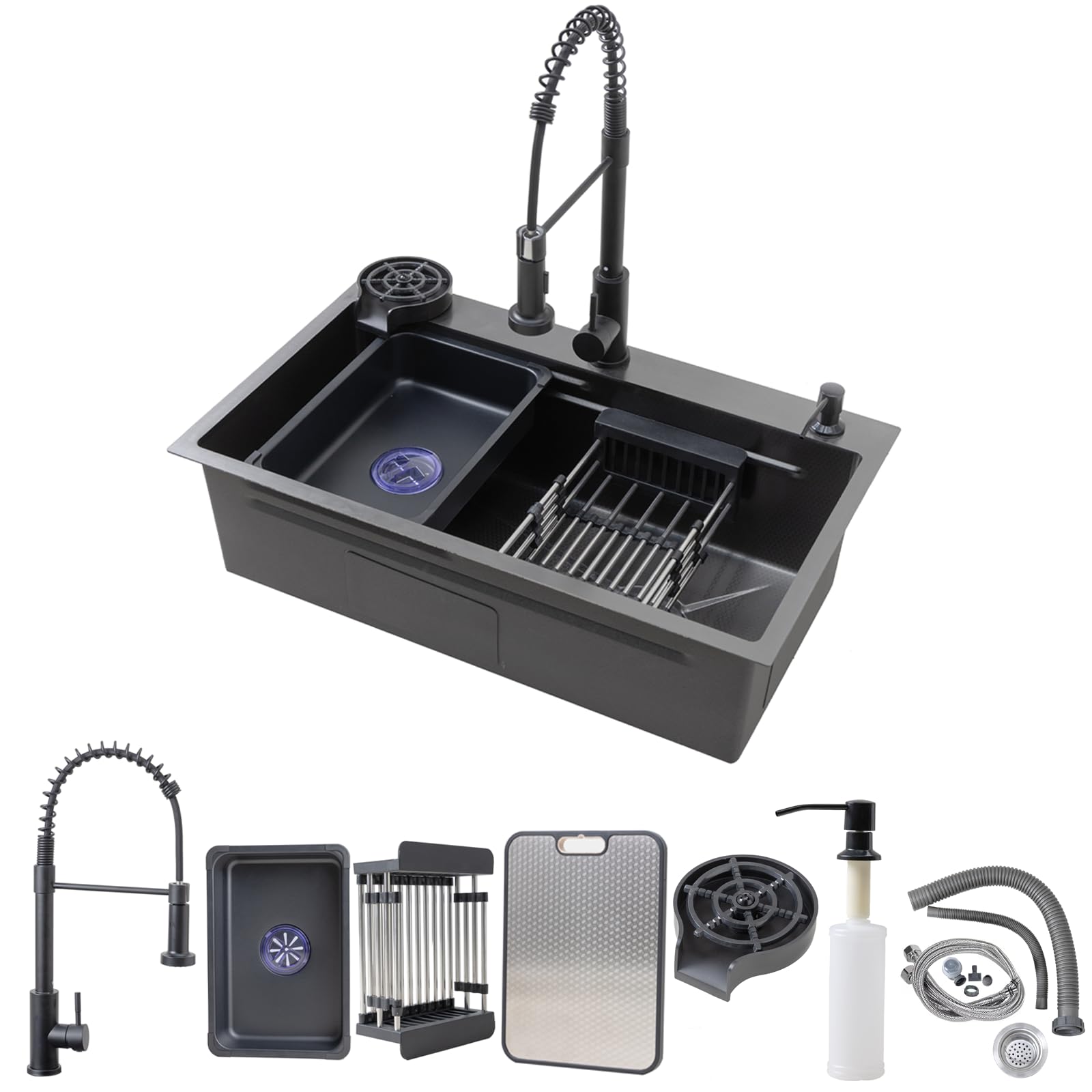 31.5 x 17.7 inch Black Kitchen Sink, Single Bowl Stainless Steel Sink, Multifunctional Drop In Sink Workstation, with Spring Pull-Down Faucet and Cup Washer, Soap Dispenser