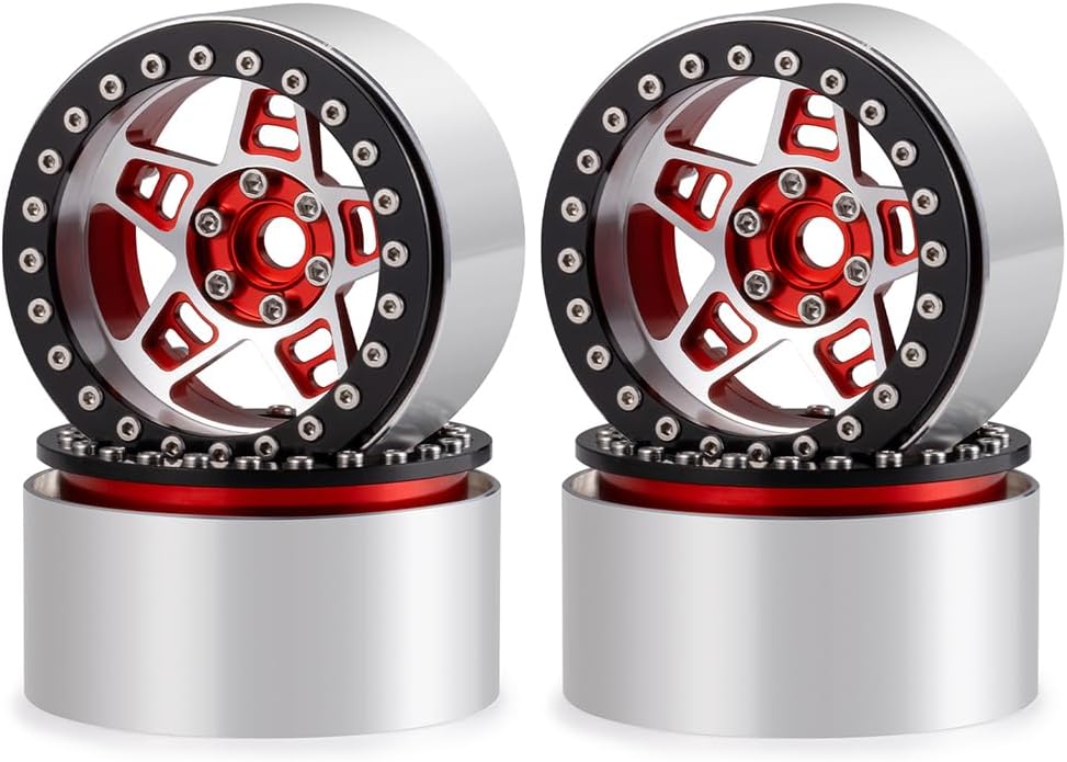 MOHERO 4Pcs 2.2 Extended Beadlock Wheel Rims for 1/10 Axial SCX10 II 90046 and 1/14 MJX 14210 RC Crawler Car Upgrade Part (Red)