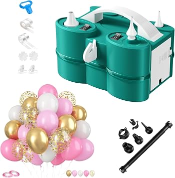 FunHot Electric Balloon Pump with Balloons Set, Portable Dual Nozzle Air Pump for Balloons, Green White 3-in-1 Balloons Blower Machine with 60PCS Pink and Gold Balloons for Birthday Party Decoration