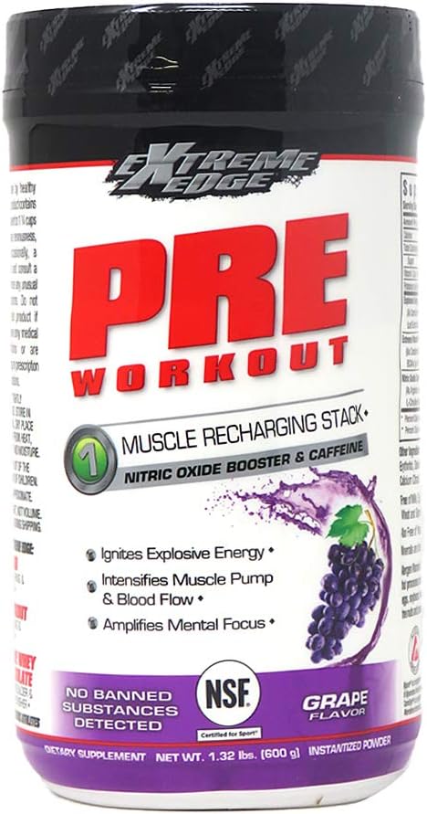 Bluebonnet Nutrition Extreme Edge Pre workout, Muscle Recharging Formula*, Increases Nitric Oxide (NO) levels*, Soy-Free, Dairy-Free, Grape, 1.32 LB, 60 Servings : Health & Household