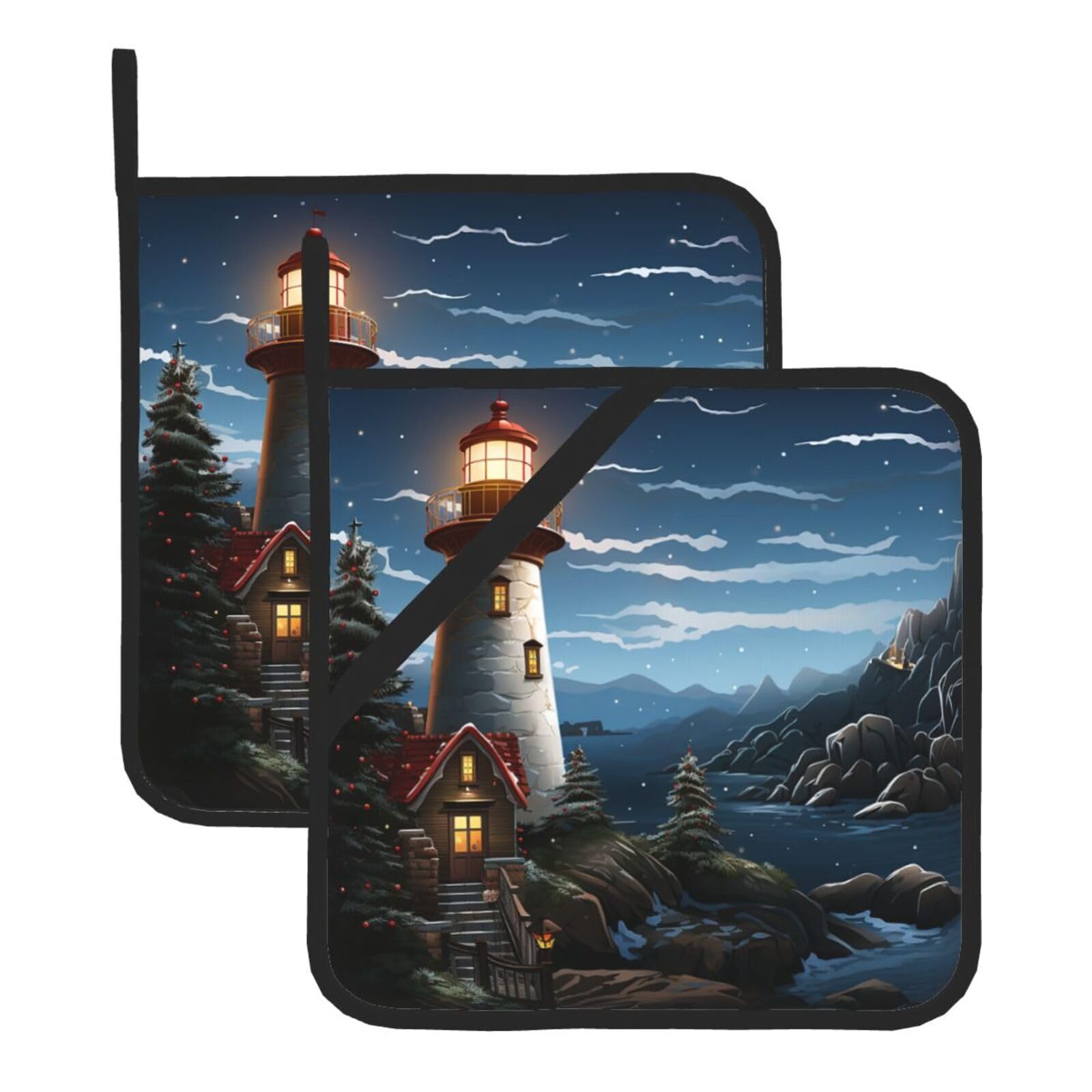 2Pcs Pot Holders for Kitchen Heat Resistant Potholder Santa Claus Lighthouse Hot Pads for Countertops Oven Pot Holders for Cooking Baking Kitchen Hot Mat Trivet 8 inch Hot Pad