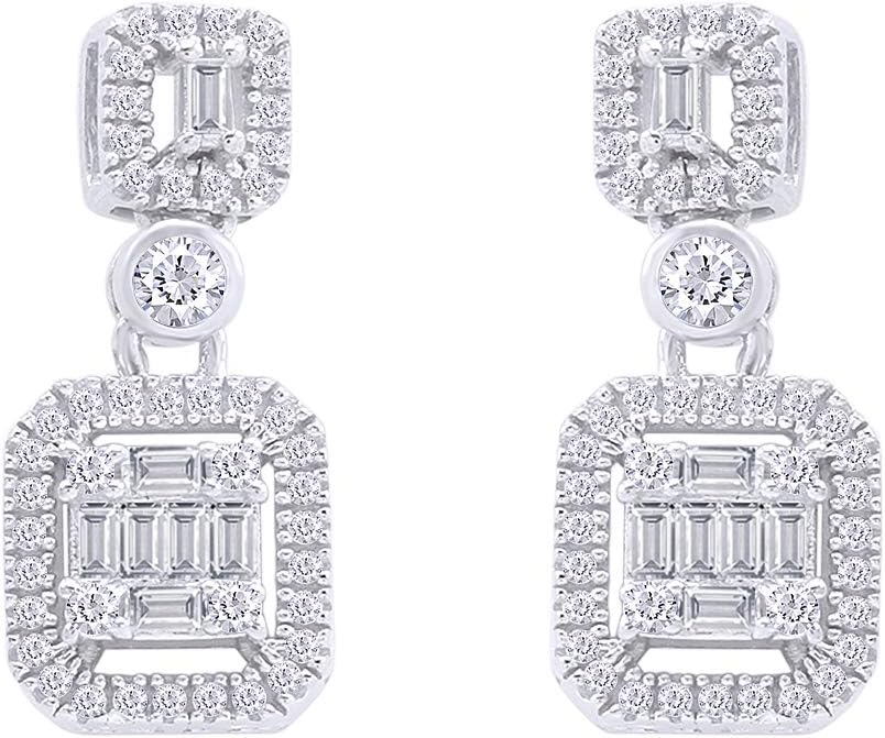 1 CT.t.w Baguette And Round Cut Lab Grown Diamond Halo Cluster Dangle Earrings In 14k Gold Jewelry For Womens Engagement Wedding, VS-SI Clarity, 1 CT)