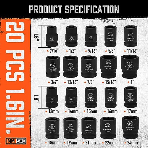 HORUSDY 1/2" Drive Shallow Impact Socket Set, 24-Piece SAE (7/16"-1") and Metric (13-24mm), 6 Point, Cr-V, Includes 1/2-Inch Drive Ratchet Handle, Drive Extension Bar thumbnail 4