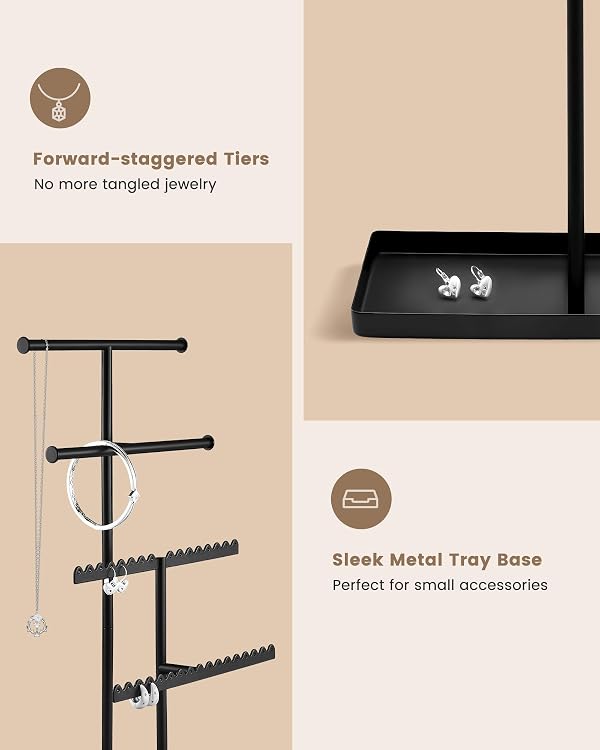 Lolalet 4-Tier Jewelry Organizer Stand, Metal Jewellery Holder, Dresser Display Rack for Necklace Earring Bracelets Rings, Gift for Women Girls -Black by Lolalet - Used condition - Image 7
