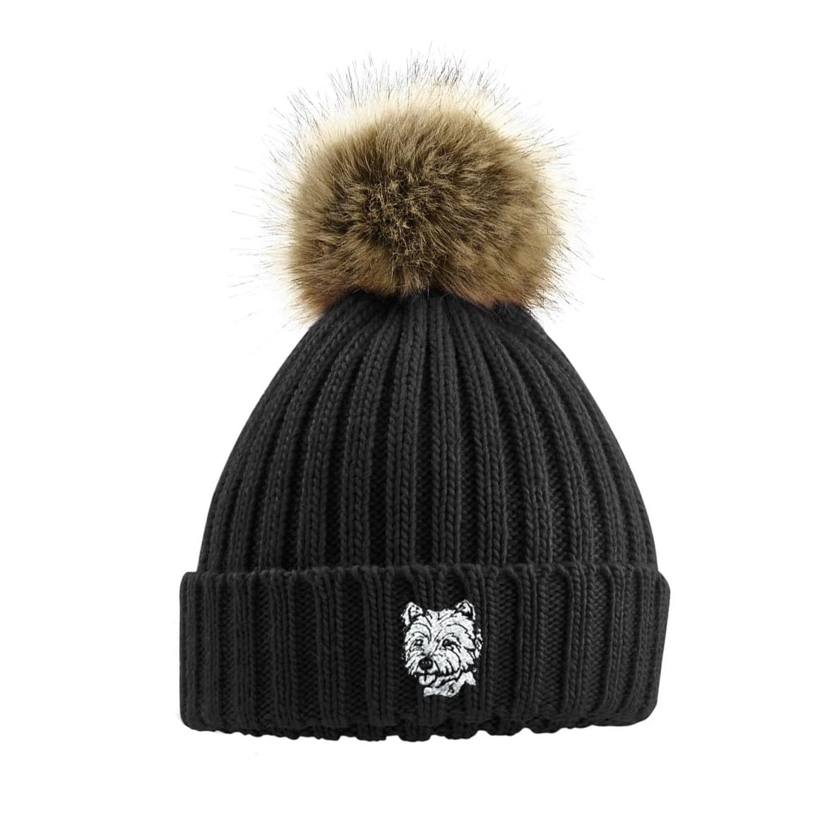 The House Of Dog: Westie West Highland White Terrier Owner Gift. Faux Fur Pom Pom Chunky Knit Super Soft Unisex Embroidered Beanie Hat