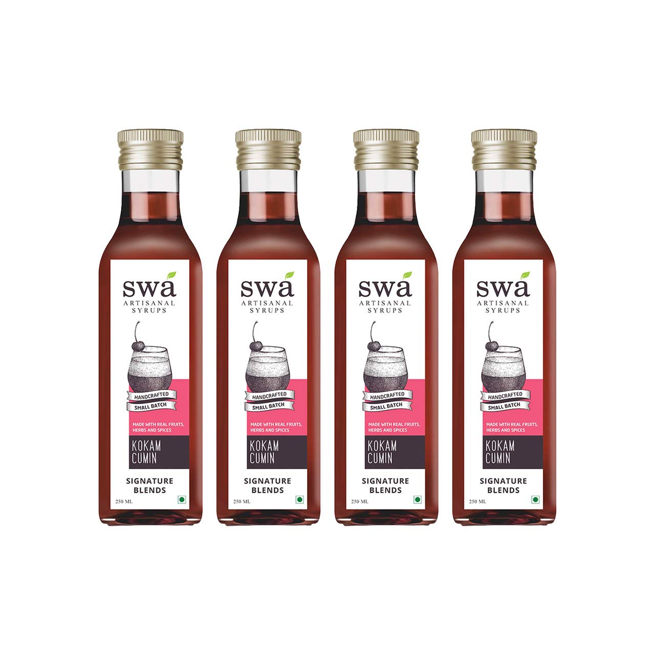 Swa Artisanal Syrups - Kokam Cumin, 100% Natural, Pack of 4, Makes 48-60 Drinks, Syrup for Cocktails/Mocktails/Craft Coffees (250ml x 4)