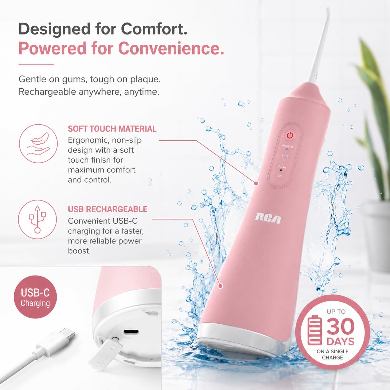 RCA Idropulsore portatile ricaricabile senza fili, filo interdentale elettrico per denti con ugello rotante a 360°, 3 modalità di pressione, serbatoio dell'acqua da 330 ml, filo interdentale