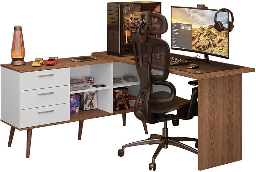 Escrivaninha Em L Mesa Para Computador Gamer 3 Gavetas Branco
