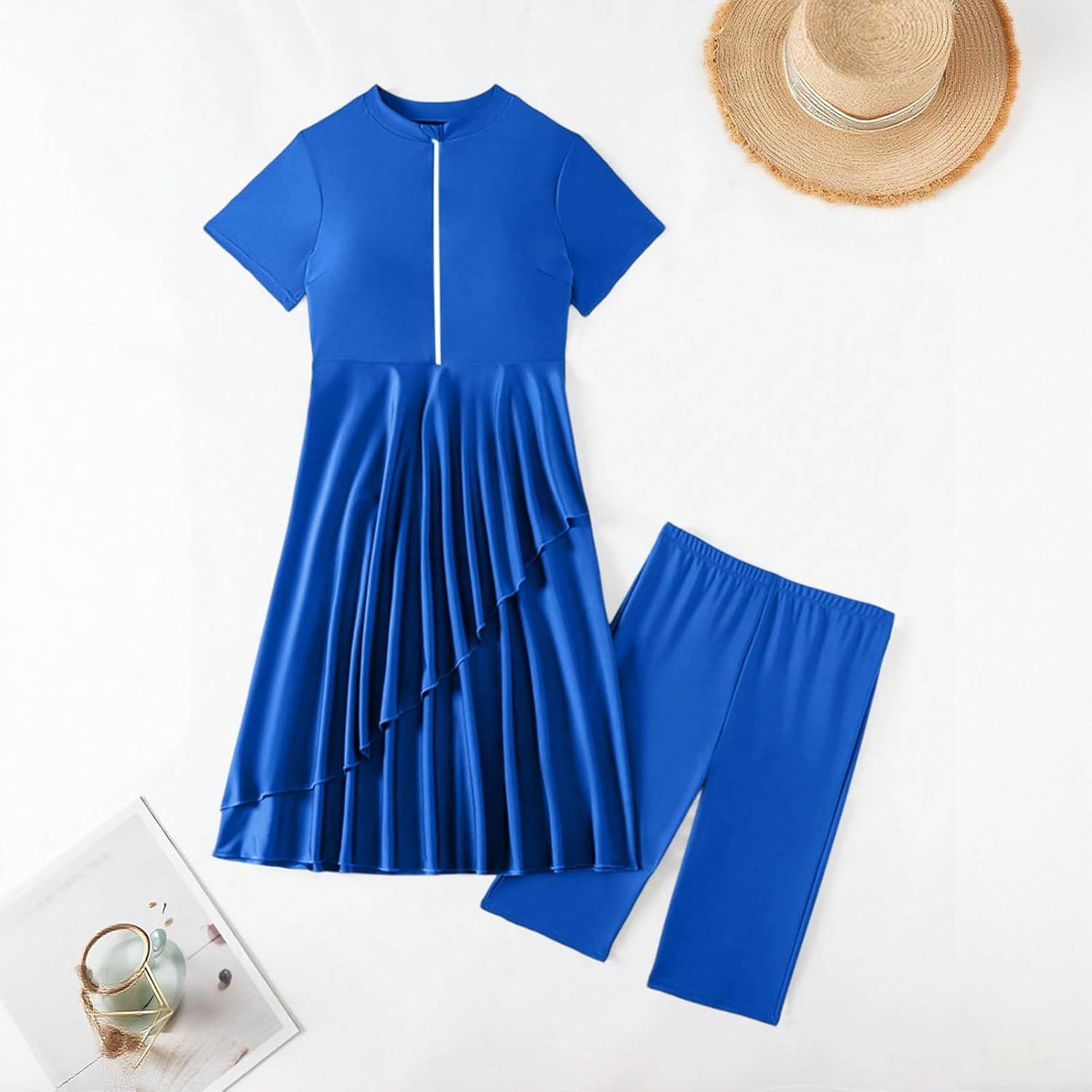 HGps8w Women's Short Sleeve Rash Guard Zipper Front Two Pieces Swimsuits Full Coverage Modest Swimwear Bathing Suits