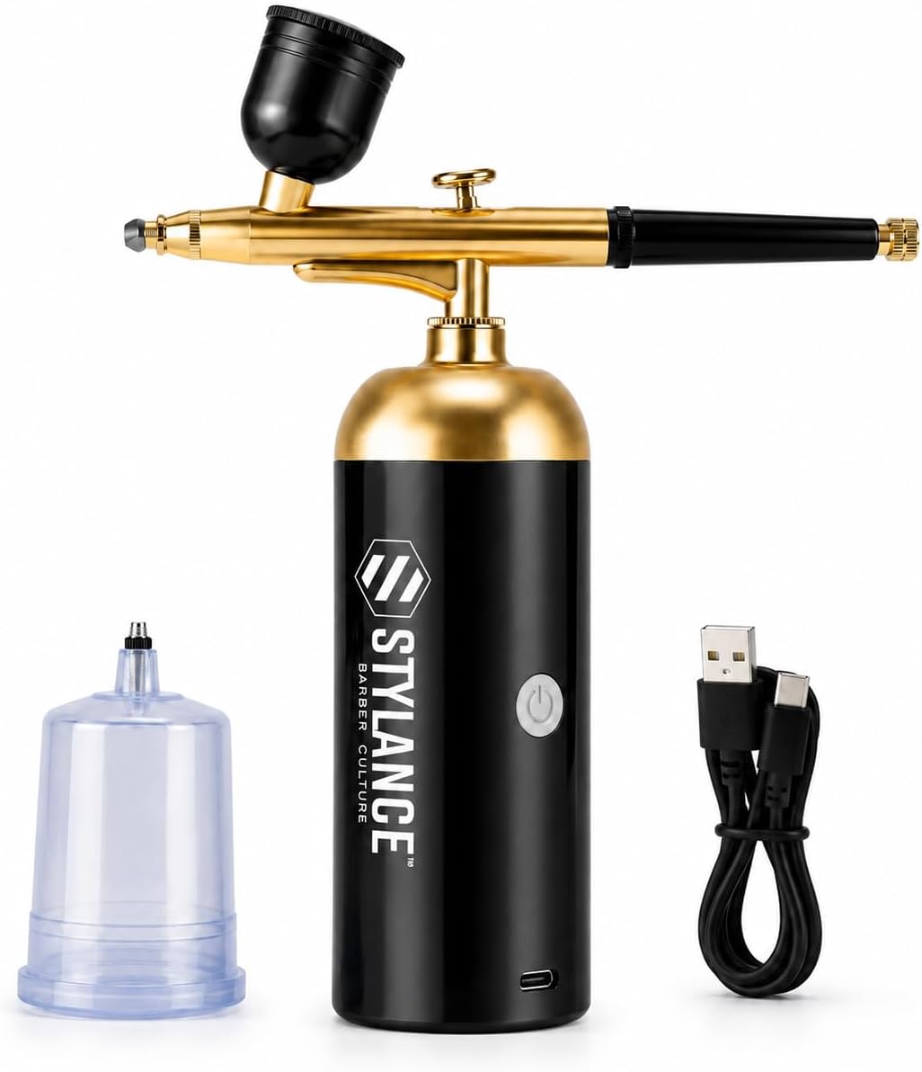 Cordless Barber Airbrush Kit with Compressor, Portable Air Brush Spray Gun for Hairline Enhancement, Beard Line Up, Nail Art, Makeup and Model Painting, Type-C Rechargeable