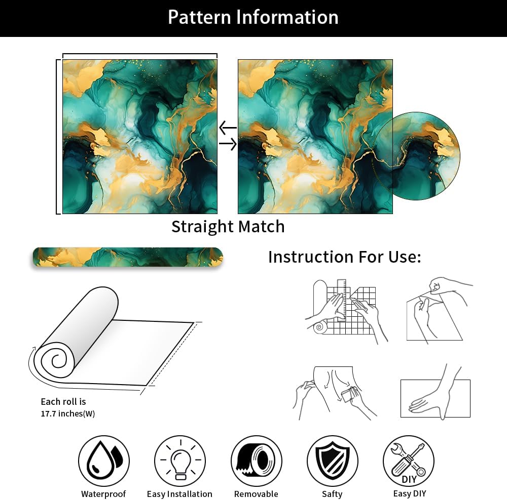 18"x236" Green Gold Marble Fluid Modern Peel and Stick Self Adhesive Wallpaper Removable Contact Paper Stick on Easy Peel Off Wall Paper for Kitchen Bedroom Bathroom Renter