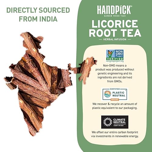 Miniatura 4 de HANDPICK, Bolsas de té de regaliz orgánico, 50 unidades, sin OMG, sin cafeína, ingredientes 100% orgánicos, raíz de regaliz, antibióticos, bolsas de