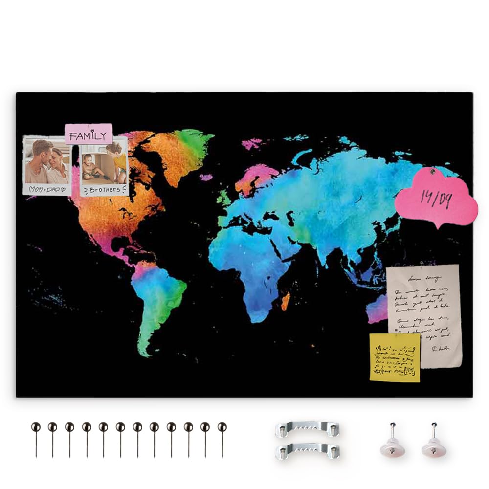 decomonkey Canvas World Map Pin Board with 50 pins - 35.4" x 23.6" / 90x60 cm Black Fibreboard Push pin Travel map Wall Art - Traveler's Bedroom Office Living Room