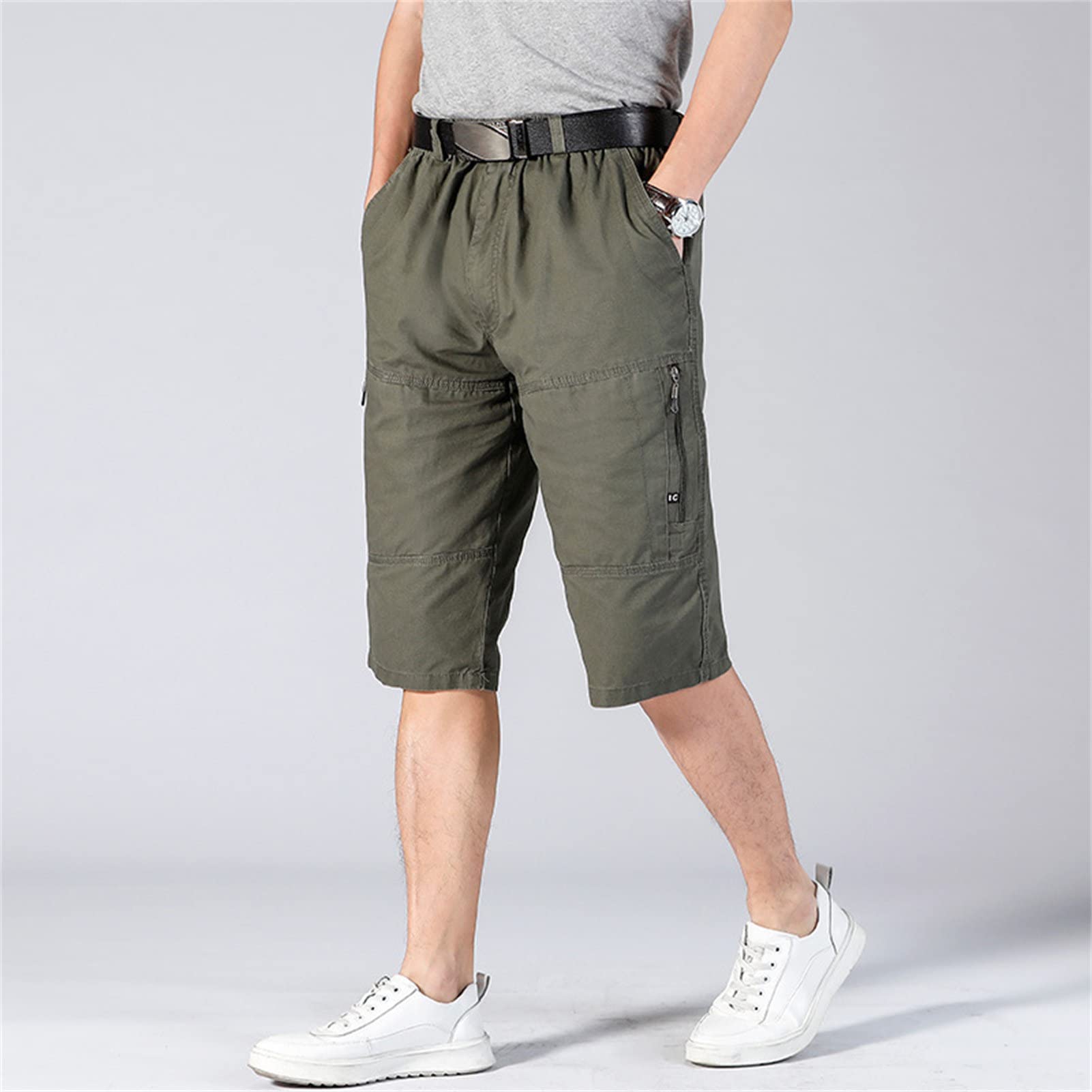 Men's Outdoor Zipper Pocket Cargo Shorts Elastic Waist Hiking Tactical Shorts Multi Pockets 3/4 Long Short Pants (ArmyGreen,X-Large)