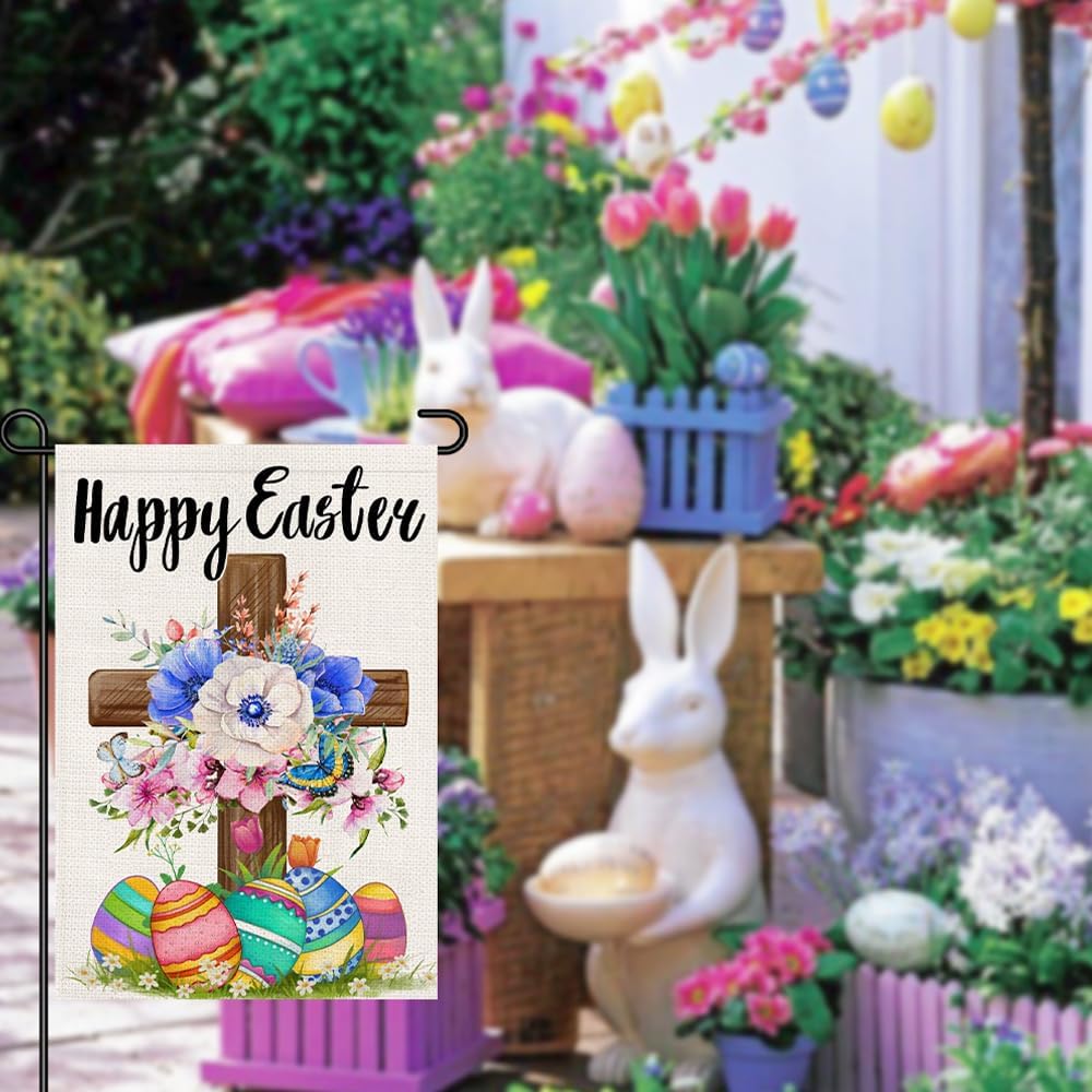 Happy Easter Garden Flag Burlap 12x18 Inch Double Sided Outside, Christian Religious Cross Sign Small Flags Yard Outdoor Decoration DF707 - Image 5