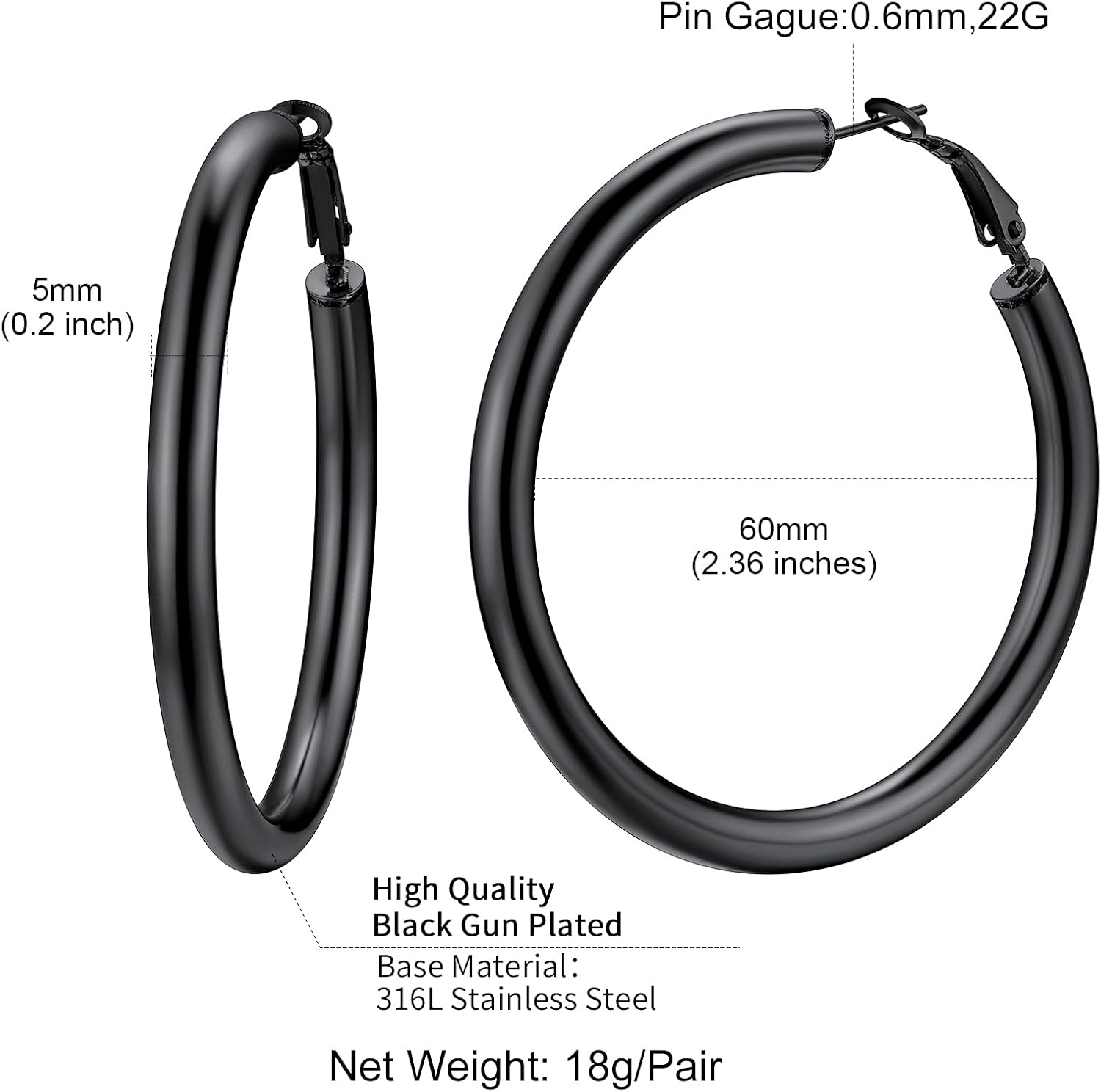 ChainsHouse Hypoallergenic Hoop Earrings For Women, 316L Stainless Steel/Black/18K Real Gold Plated, Minimalist Jewelry Round Tube Hoops Fits Sensitive Ears |30mm 40mm 60mm 80mm, with Gift Box - Image 6