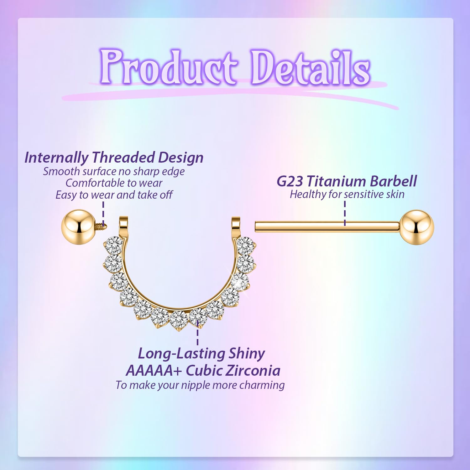 GAGABODY Paire d'anneaux de téton G23 en titane 14 G en forme de D filetés à l'intérieur ronds transparents CZ barre droite pour téton pour homme et femme