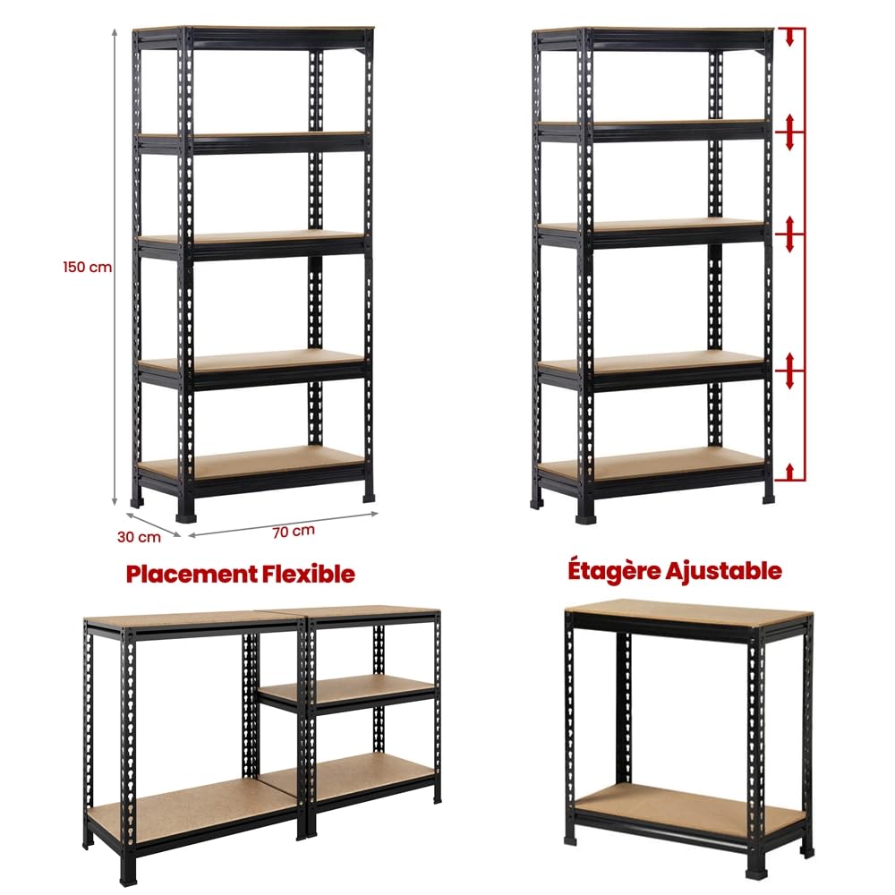 Yaheetech 5 Etagères de Rangement 150 x 70 x 30 cm Étagère Metallique Atelier/Garage/Cuisine Charge Lourde 130 kg par Niveau sans Boulons Noir