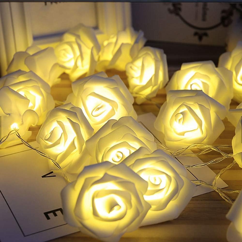 String Lights Battery Operated Indoor with LED Light- White Roses with Warm Lighting (x20) - Length 9ft/3m - Perfect Home Decoration for Bedroom, Party, Event, Wedding, Christmas