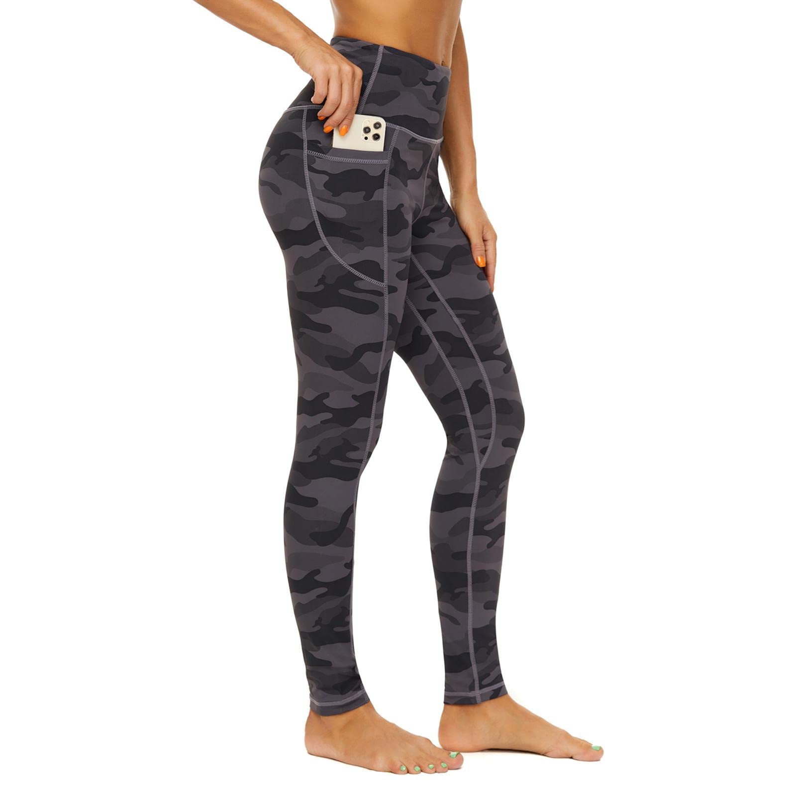 AMYTIS Sportowe legginsy damskie z wysokim stanem, spodnie do jogi z kieszeniami, długie spodnie sportowe, nieprzezroczyste, legginsy sportowe
