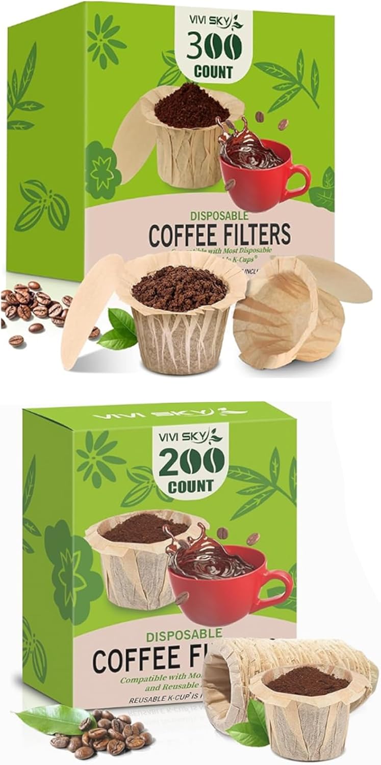 VIVI SKY K Cup Filters Disposable with Lid, 300 Count Coffee Filters K Cup Paper Filters for Keurg Brewers Single Serve 1.0 and 2.0 Reusable K Cup Coffee Pods(300 Natural with Lid+200 Without Lid)