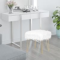 Vista 3 de Adeco Sillas de tocador blancas esponjosas de 16.3 pulgadas para sala de maquillaje, sillas pequeñas de piel sintética mullida para niñas pequeñas