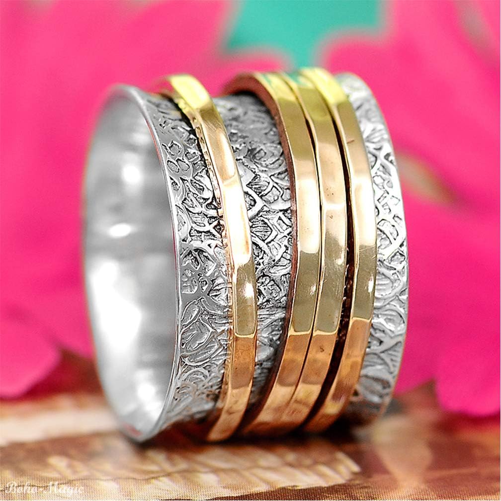 Boho-Magic 925 Sterling Silver Spinner Ring for Women Wide Band Fidget Ring with 4 Brass Spinning Rings Smooth Spin Comfort Fit Chunky Silver Statement Ring - Image 6