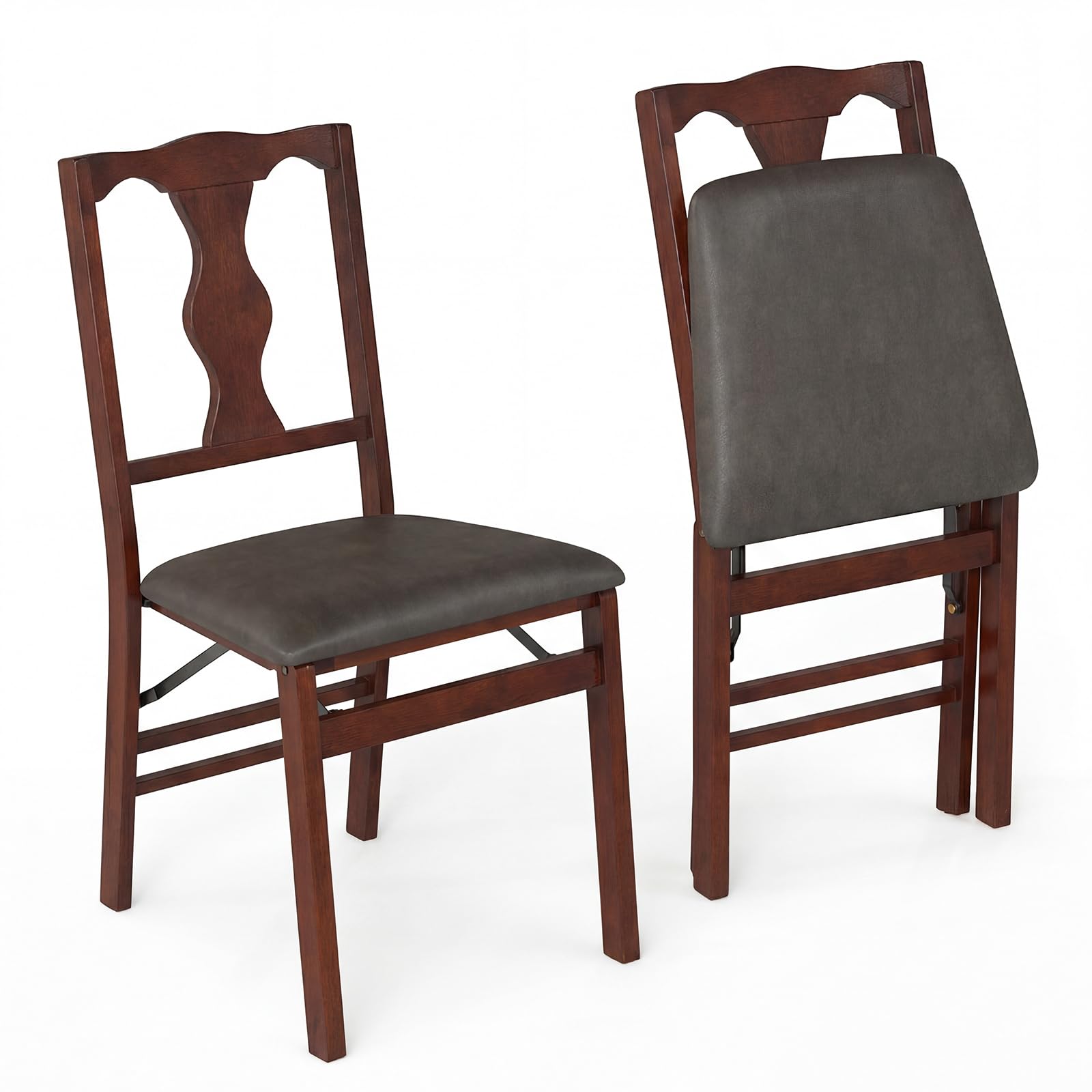 COSTWAY Folding Chairs Set of 2, Rubber Wood Counter Dining Chairs with Backrest & Padded Seat, Kitchen Office Conference Side Chair Seating (PVC Leather Seat, Vase Pattern Back, Black + Brown)