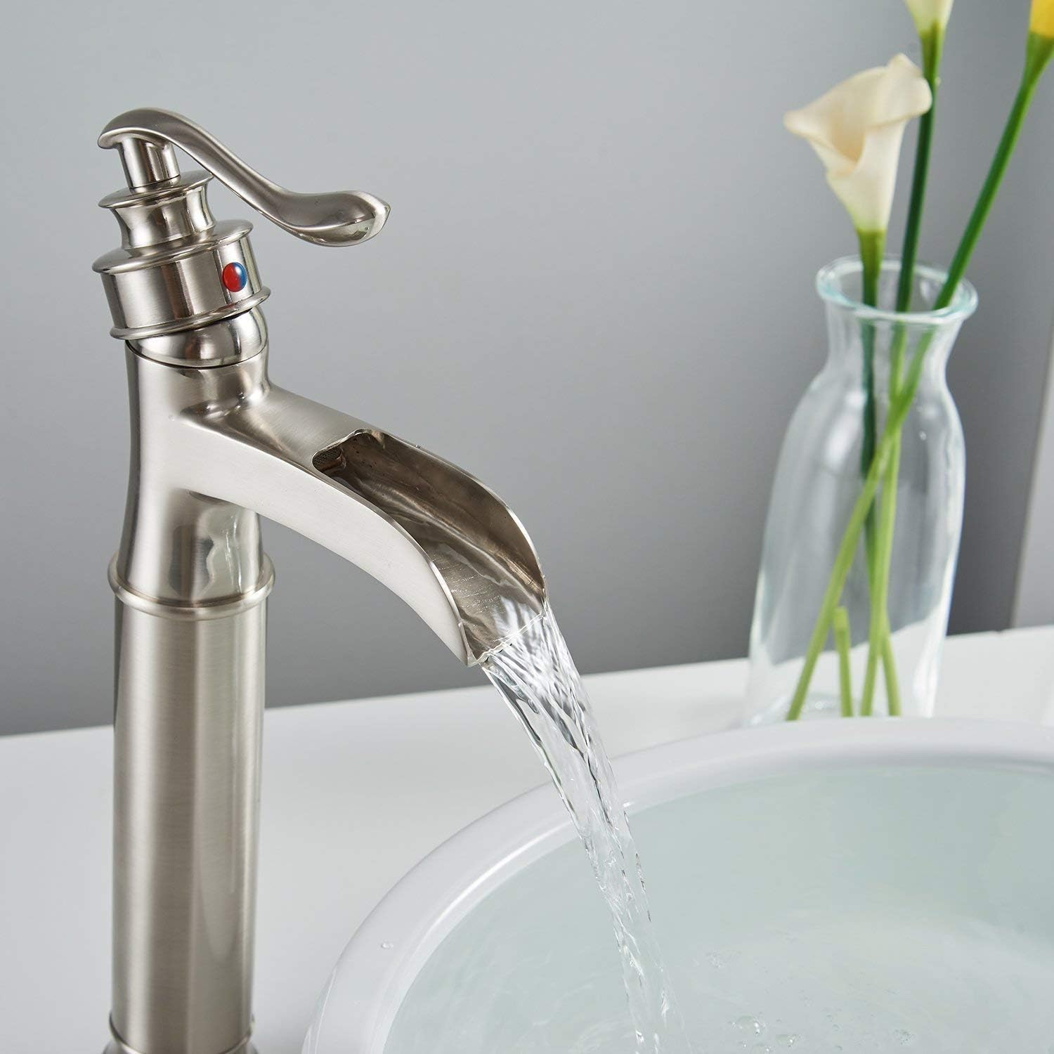 Homevacious Vessel Sink Faucet Brushed Nickel Waterfall Single Handle Single Hole Lavatory Faucet with Pop Up Drain Without Overflow Bundle Sink Overflow Hole Cover Trim Insert in Hole