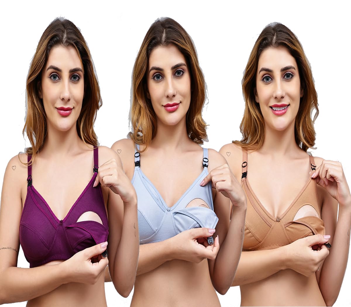 SPUNN Women’s Cotton Feeding Bra/Nursing Bra Non Padded Wire Free Maternity Bra Pack of 3