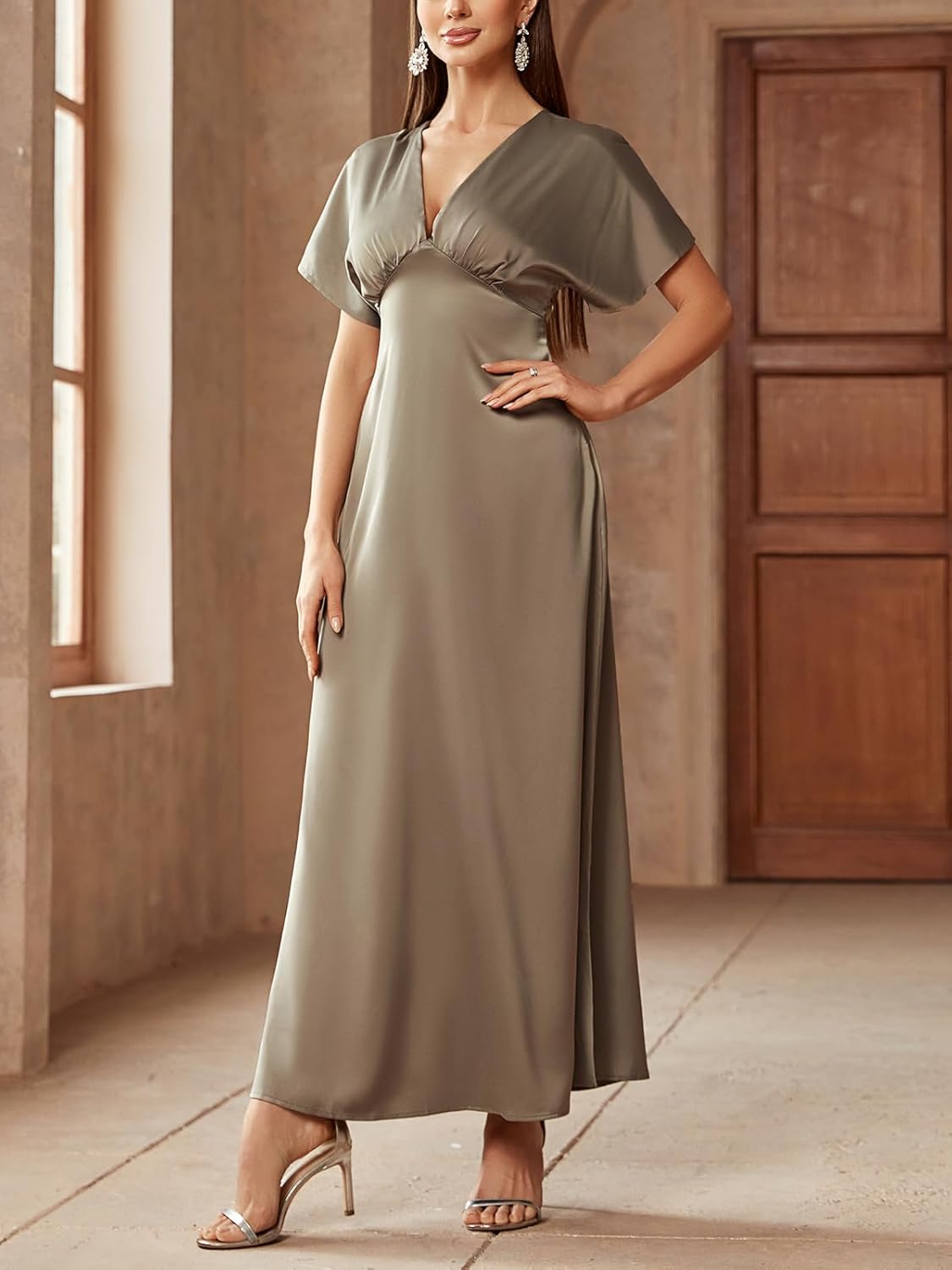 Women's 2025 Satin Dress Elegant Deep V Neck Flutter Sleeve A-Line Gown Cocktail Party Maxi Dresses - Image 3