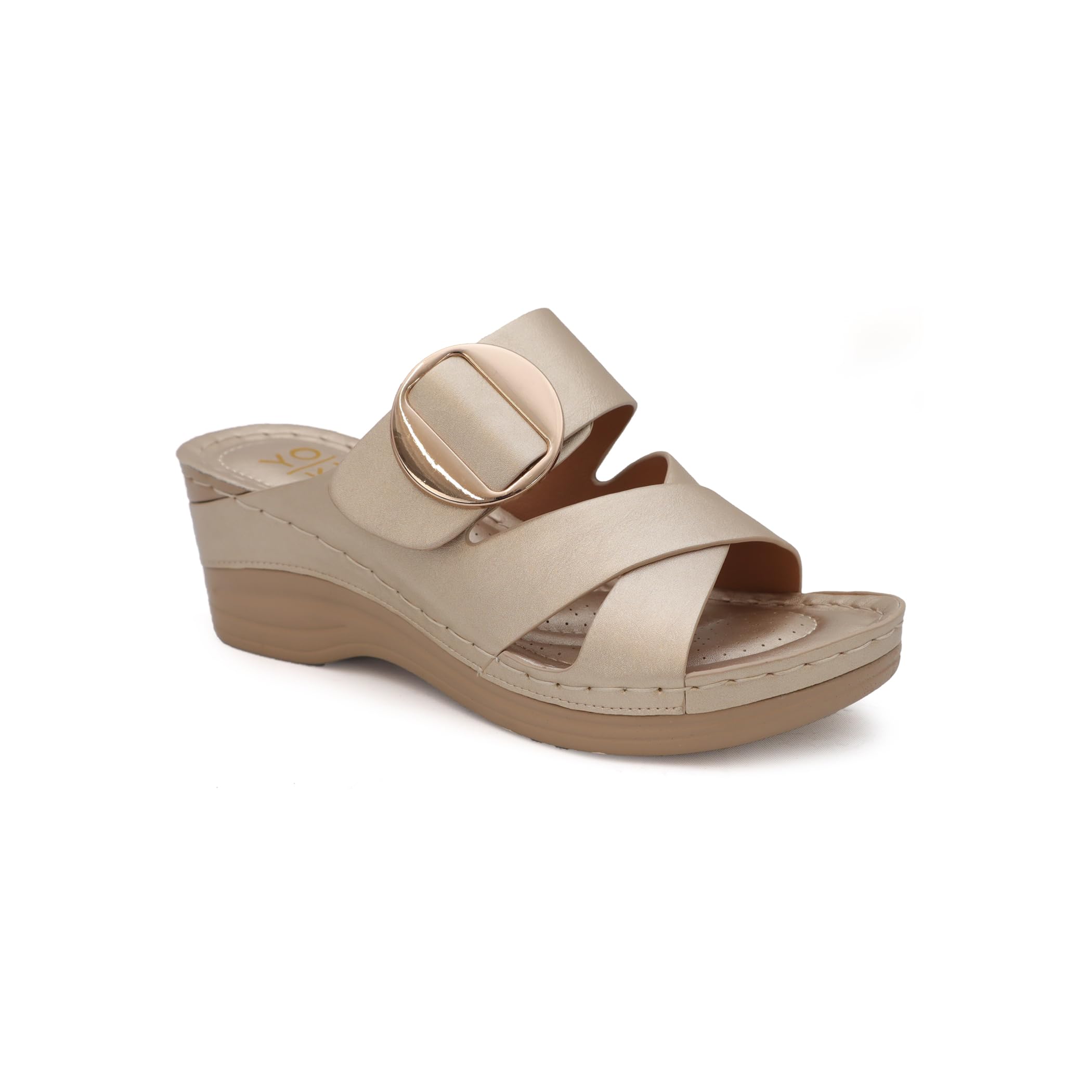 YOKI IRENA Wedge Sandals For Women With Crisscross Strap And Buckle - Summer Sandal With Cushioned Footbed & Womens Sandals Comfortable Dressy (Gold,