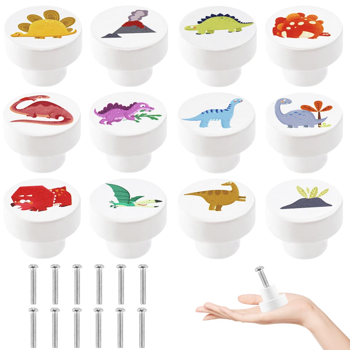 12 Pièces Boutons de Tiroir pour Enfant, Boutons de Meuble Enfant Boutons de Meubles Ronds à Motif Dinosaure de 35 MM avec Vis pour Tiroirs, Placards, Commodes dans la Chambre des Enfants