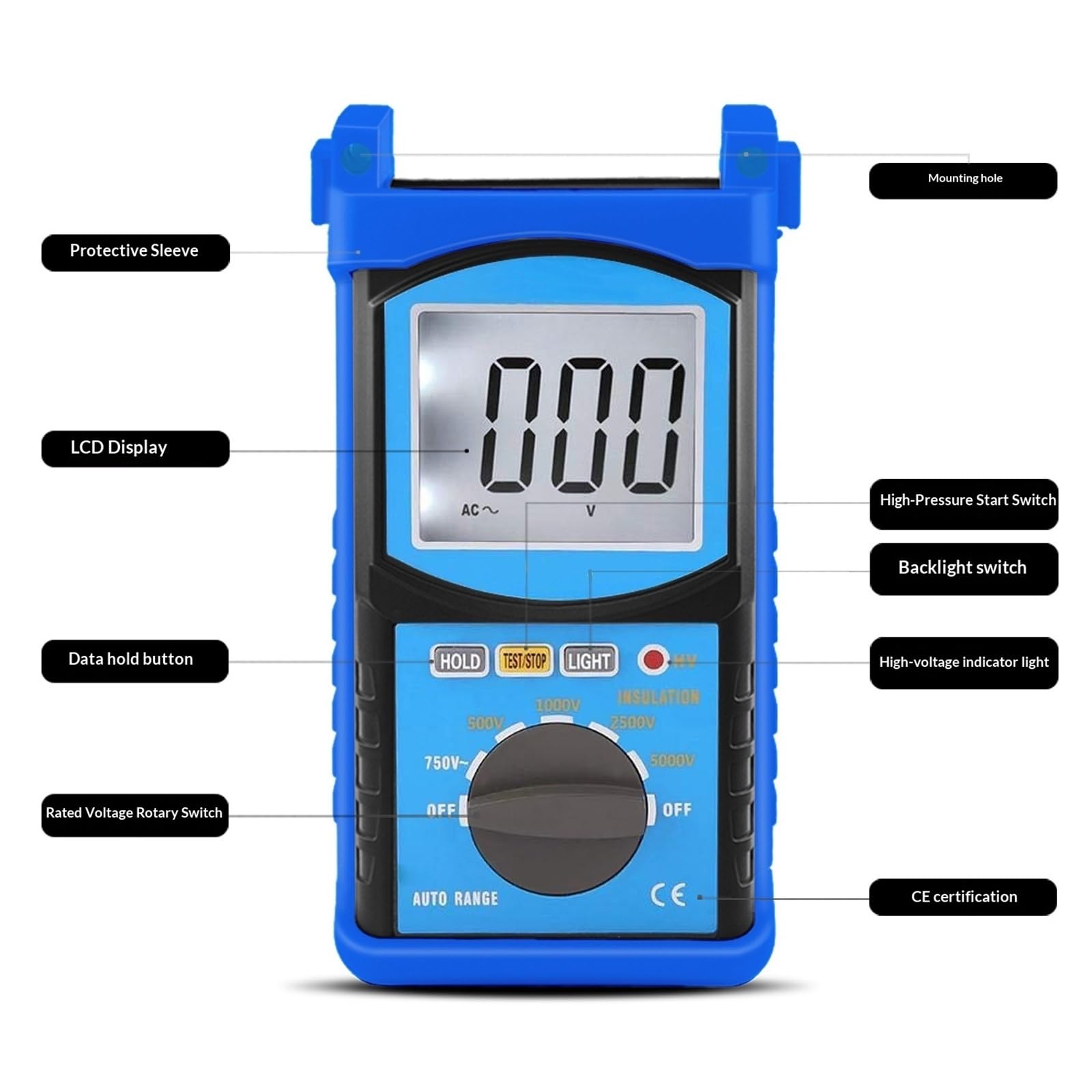 Multímetro digital, Medidores De Resistencia, Megóhmetro Digital, Kethvoz 500V/1000V/2500V/5000V Probador Aislamiento, Medidor Rango Automático 1MΩ~200GΩ, Prueba CA,para coches