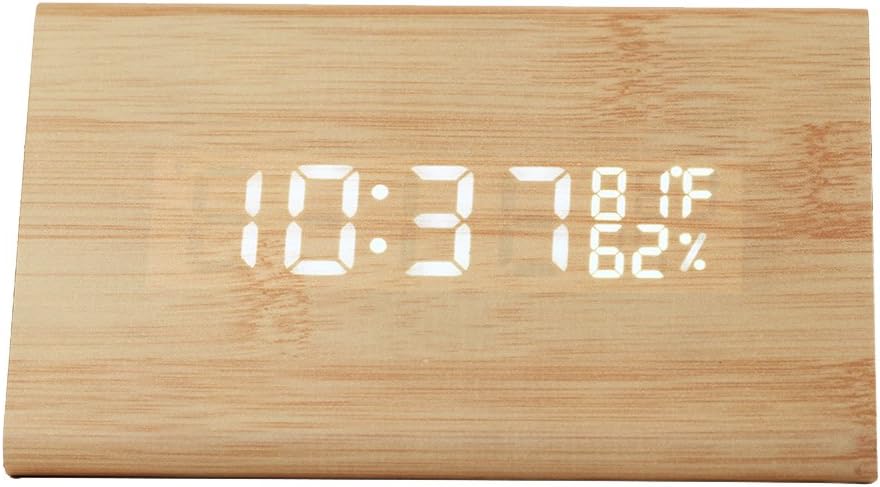 sho for shoe Digital Wood Clock Sound Activated LED Alarm Clock Multi-Function Display with Temperature and Humidity (Bamboo-White)