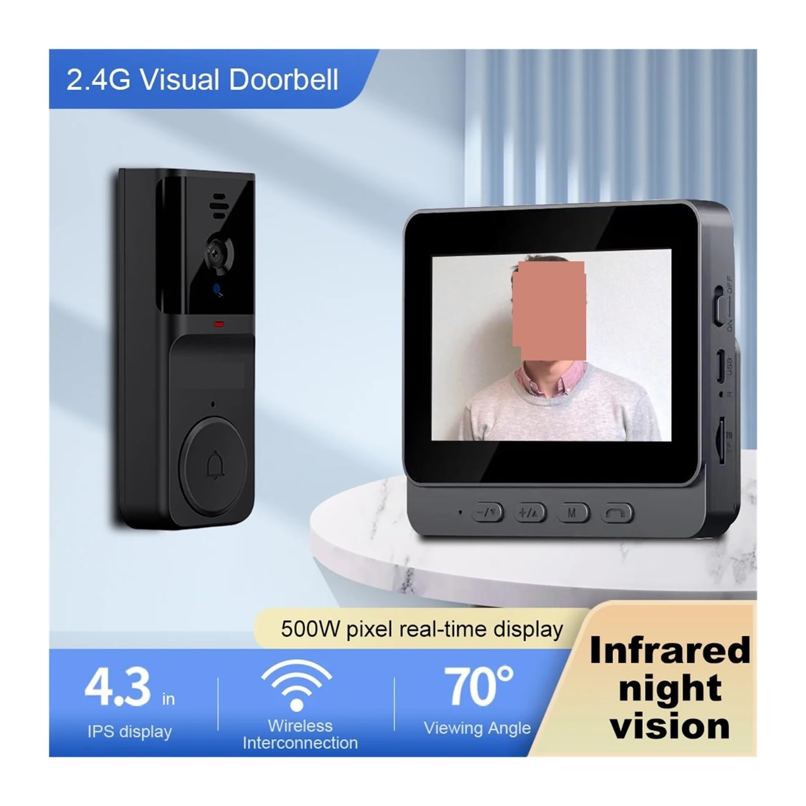 Sonnette Wi-FI 2,4 GHz à Double Communication avec écran,3 Pouces, vidéo HD, Vision Nocturne infrarou for la Surveillance Domicile Grand Angle