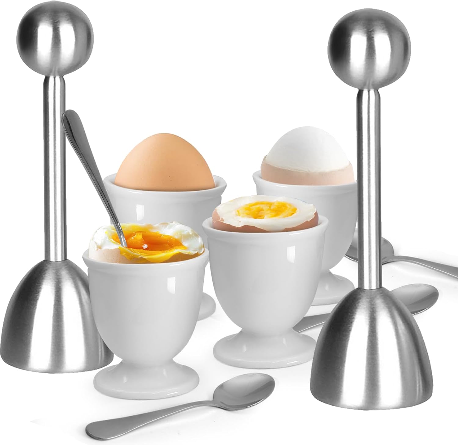 Egg Cups and Egg Cracker Set for Soft Boiled Eggs, 2 Stainless Steel Egg Cutter, 4 Stainless Stain Spoons and 4 Ceramic Egg Stands in Kitchen, Parties for Breakfast, Host