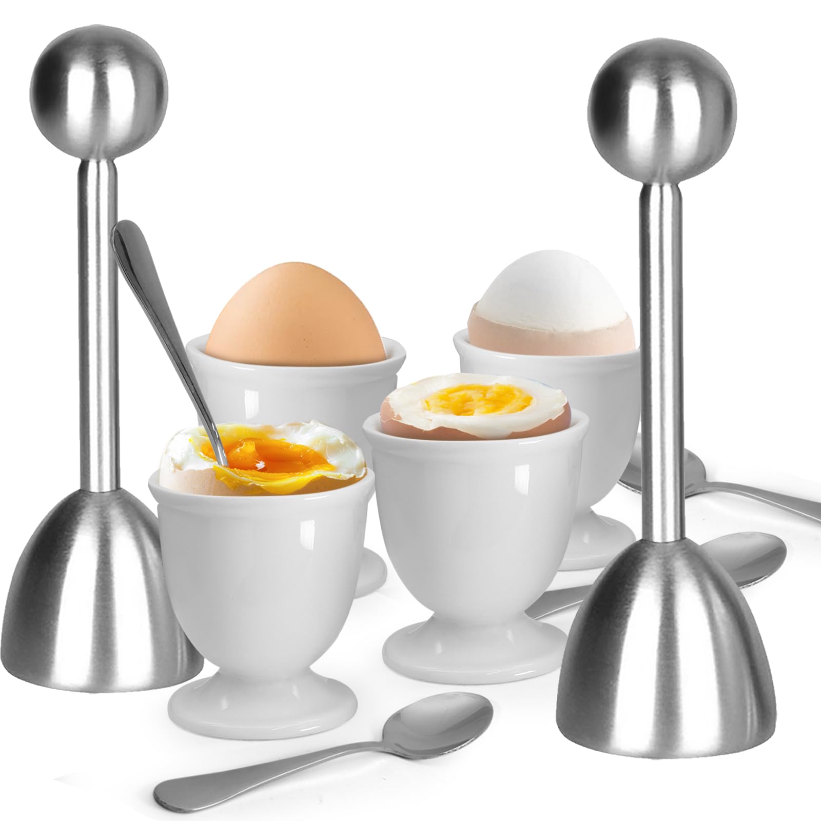 egg cups and egg cracker set for soft boiled eggs 2 stainless steel egg cutter 4 stainless stain spoons and 4 ceramic egg stands in kitchen parties for breakfast host