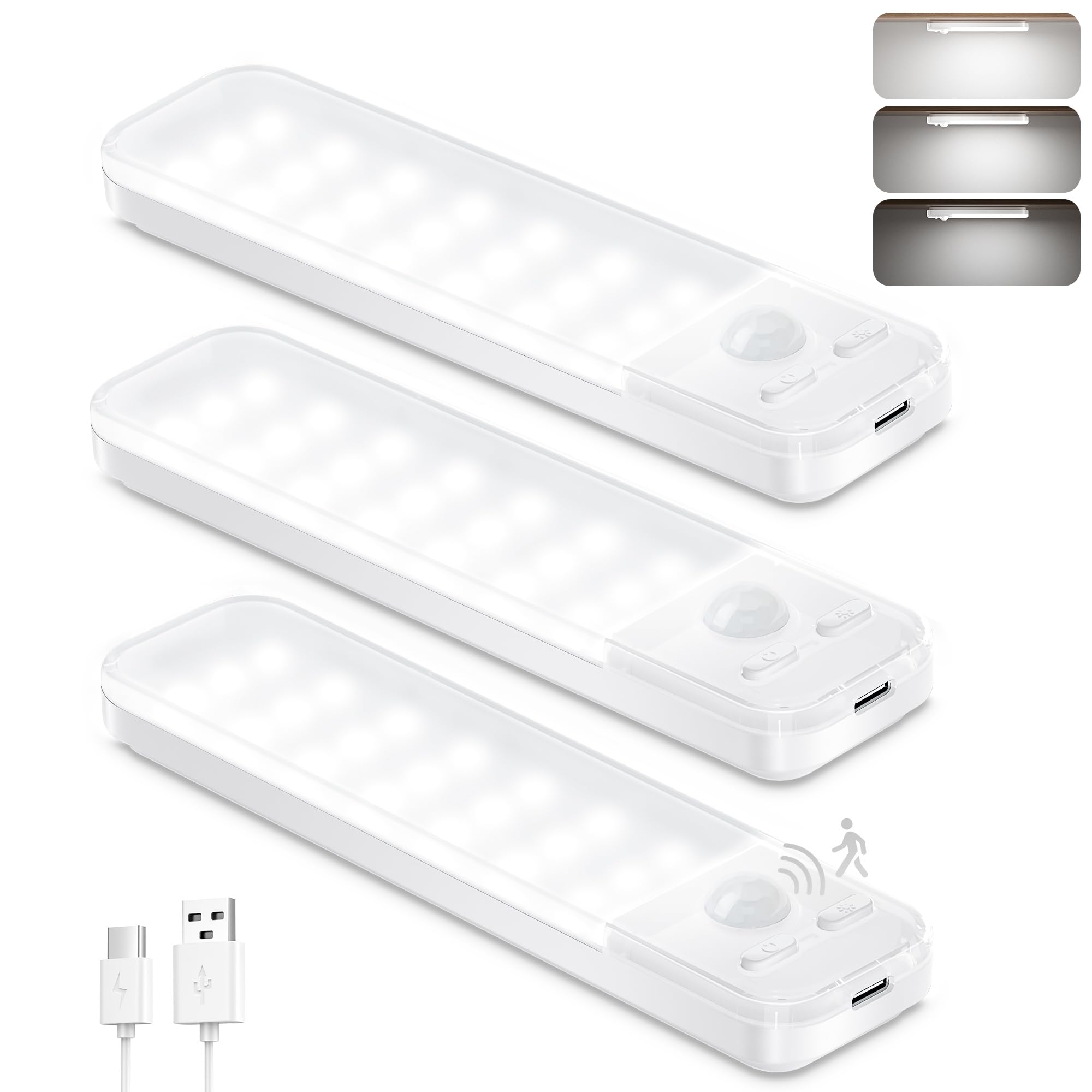 Luz de Armario, 3 Piezas 15CM Luz Nocturna con Sensor Movimiento, 6500K USB Recargable LED Armario para Gabinete, Cocina, Escalera, Pasillo, Sótano, Garaje - Blanco Frio