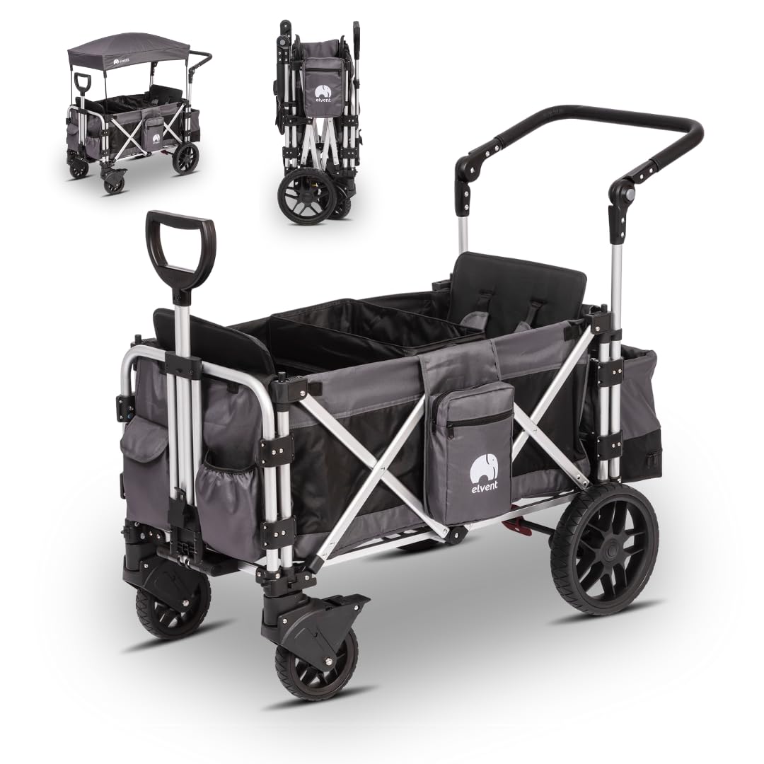 elvent FamilyStar 2 Sitzer Bollerwagen | Handwagen faltbar mit Dach I Sitzpolster, Hecktasche, Feststellbremse, PU-Reifen, 5-Punkt-Gurte für 2 Kinder, Teleskop-Zugstange