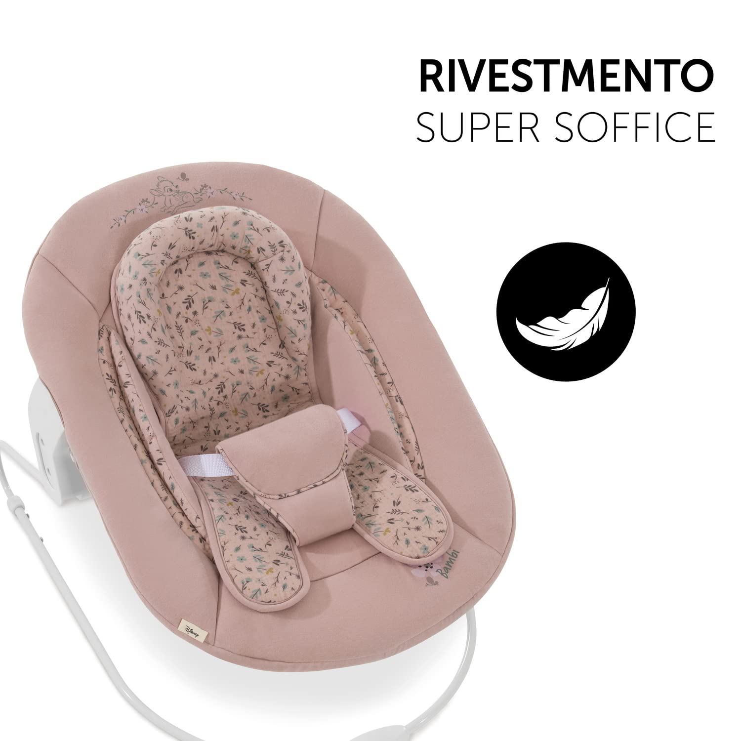 hauck Alpha Bouncer 2in1, Disney Bambi Rose - Sdraietta Neonato con Base Dondolo Compatibile con Seggioloni Pappa Alpha+ e Beta+ - da 0 Mesi fino a 9 kg - con Cintura a 3 Punti e Riduttore di Seduta
