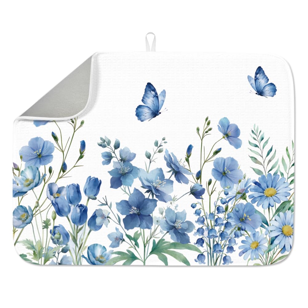 INFUNLY Blue Floral Drying Mat 23.6x17.7 Inch Microfiber Kitchen Counter Dish Pad Flower Butterfly Absorbent Dish Drainer Mat Heat Resistant Coffee Bar Mat with Hanging Loop for Table Countertop Sink