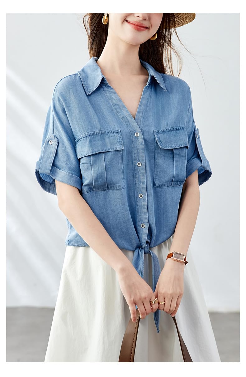 Chemise Oversize en Denim Doux Tencel pour Femme, Légère, À Manches Courtes Retroussables, Col À Revers, Fermeture Boutonnée, Ourlet Noué Et Poches, Idéale pour L'Été Le Travail A
